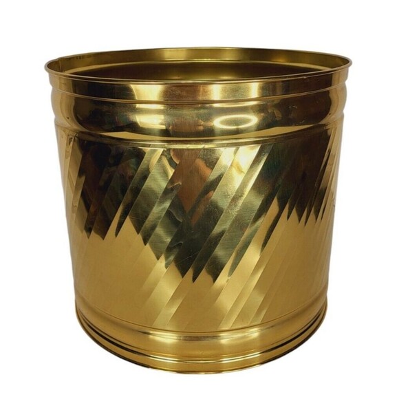 VTG Polished Brass Hollywood Regency Gold Set of Two Large Round Barrel Planters - Picture 14 of 15